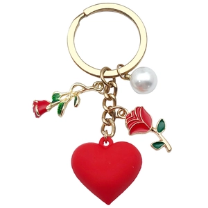 Cute heart rose and pearl pendant keychain with golden hardware for backpack decoration
