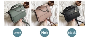 Detailed comparison of green, pink, and black chain shoulder bags with PU leather texture