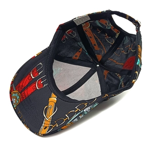 Detail view of the inner sweatband and adjustable buckle on floral print baseball cap