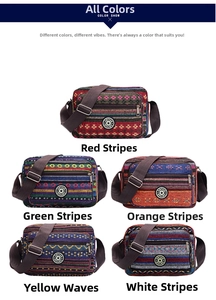 Detailed grid of ethnic striped canvas crossbody bags in five colorful patterns