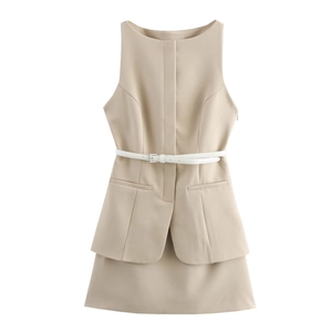 Elegant Sleeveless Mini Dress Solid Color Polyester Urban Style With Belt For Women
