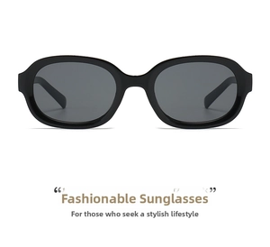 Front view of black oval frame sunglasses with dark grey lenses on white background