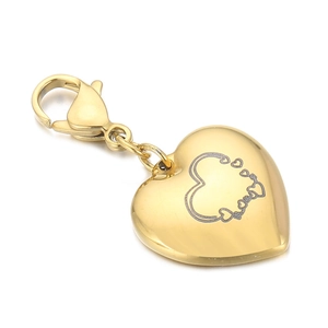 Polished gold heart pendant with engraved heart pattern and lobster clasp on white background