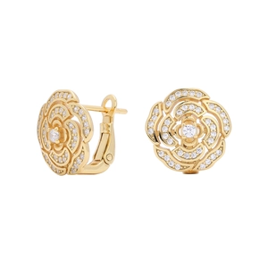 Macro shot of gold-plated S925 silver rose earrings featuring intricate zircon petal inlay