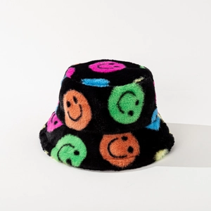 Colorful smiley face plush bucket hat in black faux fur for winter outdoor wear