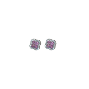 Pink zircon flower stud earrings with silver needles and crystal surround setting