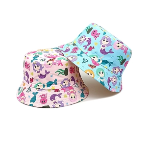 Cappelli a secchiello reversibili bimbo con stampe sirena in cotone azzurro e rosa