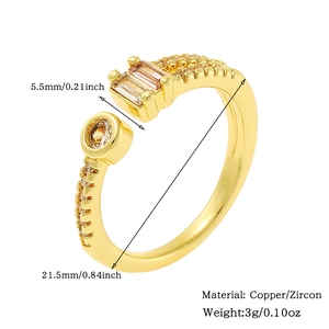Detail showing dimensions and material of an 18K gold plated copper ring with zircon stones