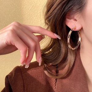 Macro shot of gold double-hoop earrings featuring fine crystal pave on minimalist metal