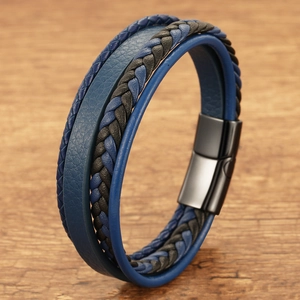 Handmade multi-layer woven leather bracelet for men with blue and black braided leather straps