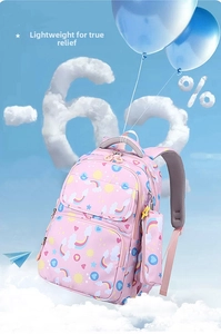 Detail view of pink school backpack with colorful rainbow prints and breathable mesh straps
