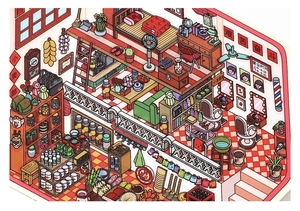 Detailed 2.5D isometric view of vintage Chinese shop stickers for DIY scrapbooking