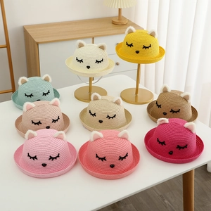 Set cappello di paglia per bambini con orecchie di peluche e ricamo gatto in 9 colori
