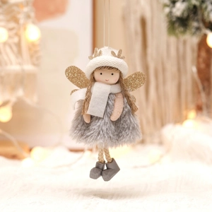Christmas angel doll pendant with white knit hat, gold antlers and plush grey dress