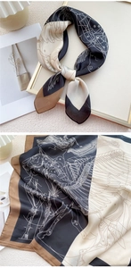 Détail d'un foulard en soie avec motif de cheval mécanique en noir, beige et marron