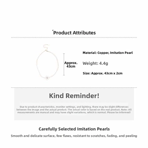 Detail specifications for copper floral necklace with faux pearl showing 43cm length