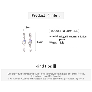 Detailed technical info for geometric drop earrings with pearls and crystal rhinestones