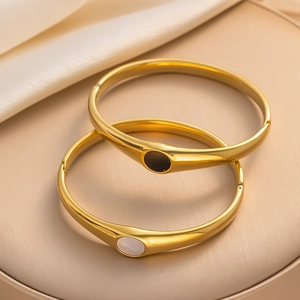 Oval Stainless Steel Bangle With Natural Shell Inlay Vintage Elegant Gold Plated Cuff Bracelet Fashion Jewelry For Women