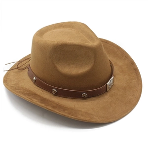 Detail of camel suede cowboy hat featuring dark brown leather band and vintage buckle