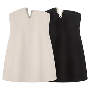 Strapless mini dresses in black and cream featuring V-shaped crystal necklines