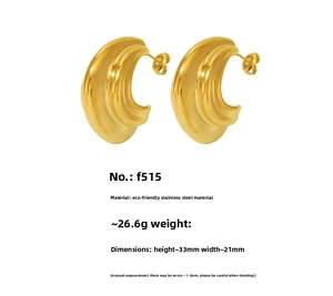 Macro view of 18K gold-plated stainless steel chunky C-shape earrings showing detailed specs