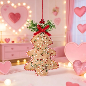 Gingerbread-style non-woven Christmas tree ornament with red bow and festive decor