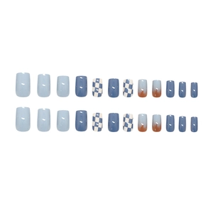 Glossy retro blue checkerboard and orange flame gradient 24pcs press-on nails set