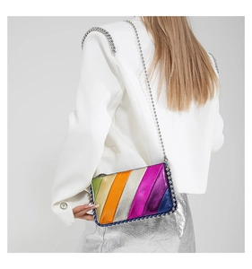 Detail of multi-colored metallic leather crossbody bag with chain strap and bead trim