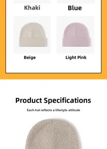 Detailed close-up showing khaki, blue, beige, and pink ribbed knit beanies for winter