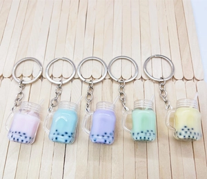 Set of 5 colorful miniature bubble tea keychains in pink, blue, purple, green, and yellow