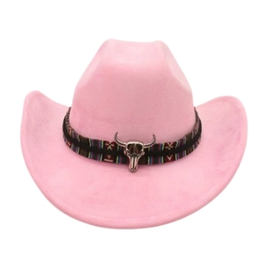 Rosa Western-Cowboyhut mit ethnischem Webband und silbernem Bullenschädel-Detail