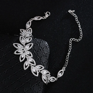 Silver bracelet with AAA cubic zirconia flower leaf design and adjustable lobster clasp