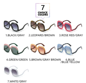 Grid display showing seven fashionable candy-colored sunglasses in various frame styles