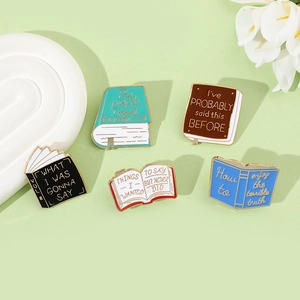 Detailed set of 5 cartoon book enamel pins with witty English quotes for bags