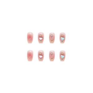 3D heart rhinestone coffin press-on nails with pink gradient and light-sensitive color change