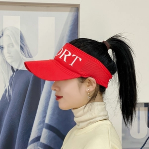 Women's red knitted sport sun visor hat with stylish white letter embroidery detailing
