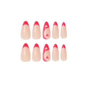Unghie finte press-on stile francese rosso e bianco con decorazioni a cuore, 10 pezzi