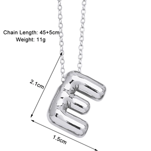 Detail view of silver letter E balloon pendant necklace with 45cm chain and 2.1cm size