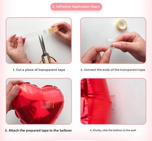 Tutorial showing how to use adhesive tape to fix a red heart-shaped aluminum balloon
