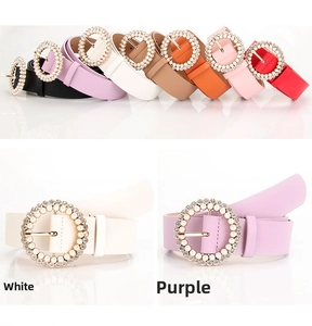 Detailed close-up of decorative women's belts with pearl and rhinestone buckles in seven colors