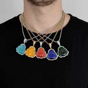 Maitreya Buddha opal pendants with paved crystals on twisted rope chains in five colors