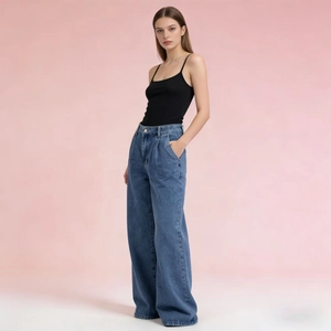 Detailed view of high-waist wide-leg blue denim jeans for women with soft drape effect