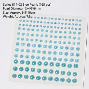 Close-up of 165 light blue faux pearl stickers in assorted 3mm to 6mm sizes for DIY crafts