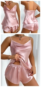 Detail view of pink satin camisole set with cowl neck and matching shorts for women