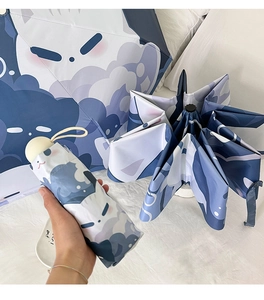 Detail of portable dark blue cartoon cat umbrella showing its compact folded size and print