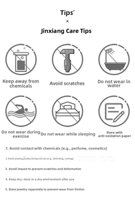 Care guide for stainless steel jewelry showing icons for cleaning and maintenance tips