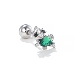 Detailed macro view of silver flower stud earring with green heart shaped zircon stone