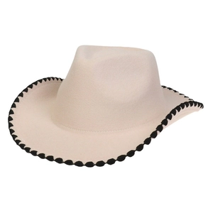 Classic cream wool fedora western hat with stylish black scalloped wavy edge trim
