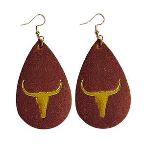 Teardrop brown crazy horse leather earrings with golden bull head print and metal hooks