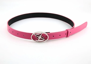 Detail of pink leather belt featuring a silver star buckle and fine stitching